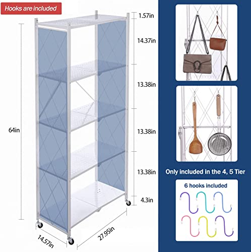 Letusto Foldable Collapsible Shelf with Wheels & Breaks - Folding Shelf Heavy Duty Metal Frame Pantry Shelving Unit - Origami Bookcase - No Assembly Bookshelf (White, 5 Tier)