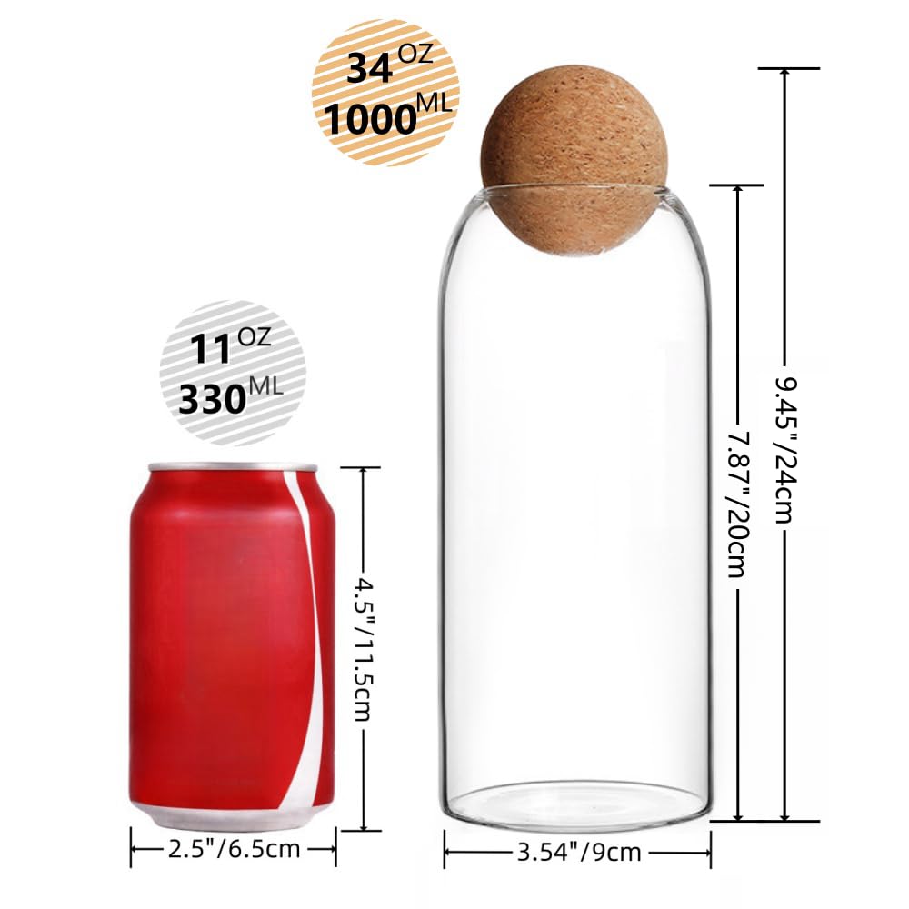 ANSQU 1000ML/34OZ Glass Storage Container with Airtight Ball Cork, Food Storage Canister Jar with Ball Lid for Kitchen Coffee, Tea Candy, Bathroom Apothecary Cotton Swab Qtip Holder