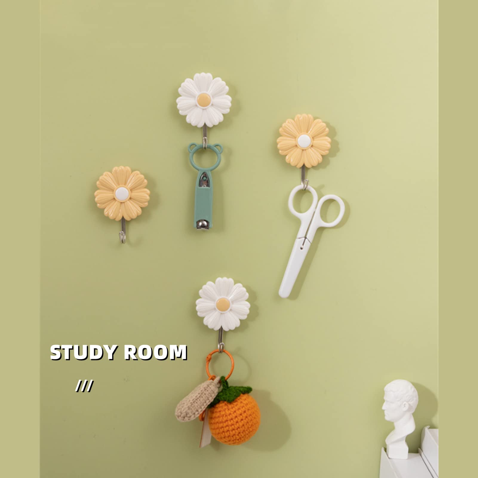 Adhesive Wall Hooks 4 Pcs Utility Hook Heavy Duty White Yellow Flower Wall Hangers for Robe Towel Keys Bags Decorative Sticky Hook for Backpack Hat Scarf Belt Storage Hooks for Kitchen Bathroom Porch