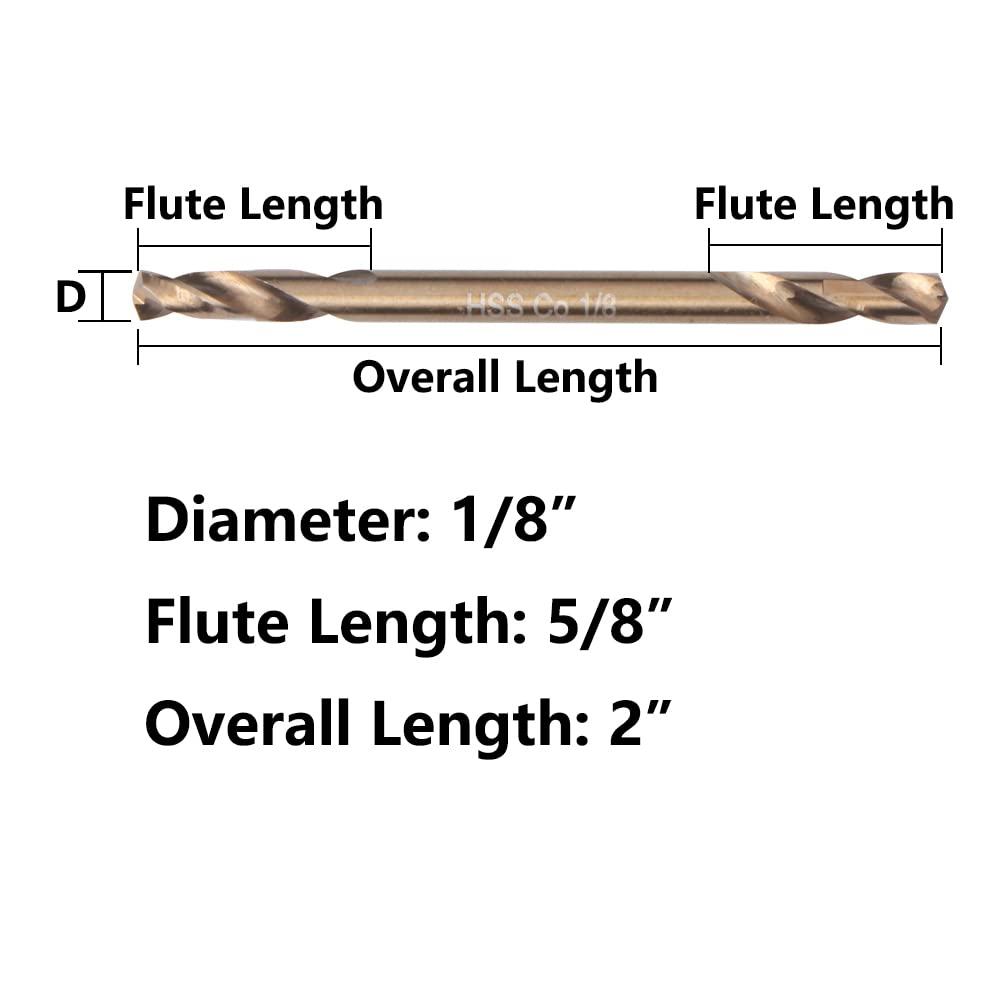 VALYRIANTOOL 1/8" Cobalt Drill Bits(20PCS), M35 HSSCO High Speed Steel Double Ends Stubby Body Twist Drill Bit Set for Hardened Metal, Stainless Steel, Cast Iron, Plastic and Wood