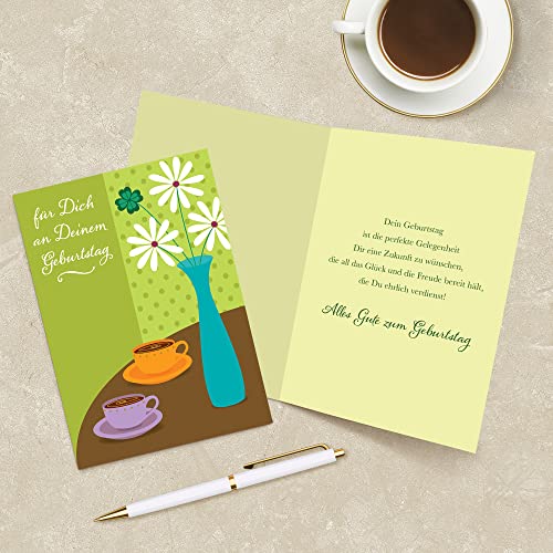 Designer Greetings German Language Happy Birthday Cards, “für Dich an Deinem Geburtstag” Flowers and Coffee Design (6 Cards with Envelopes / 6 Karten mit Umschlägen)