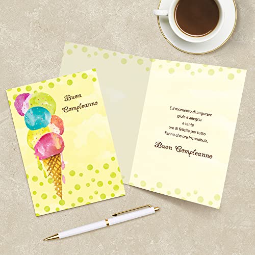 Designer Greetings Italian Language Happy Birthday Cards, Fun Colorful Ice Cream Design (Pack of 6 Cards with Green Envelopes / 6 biglietti di auguri e buste)