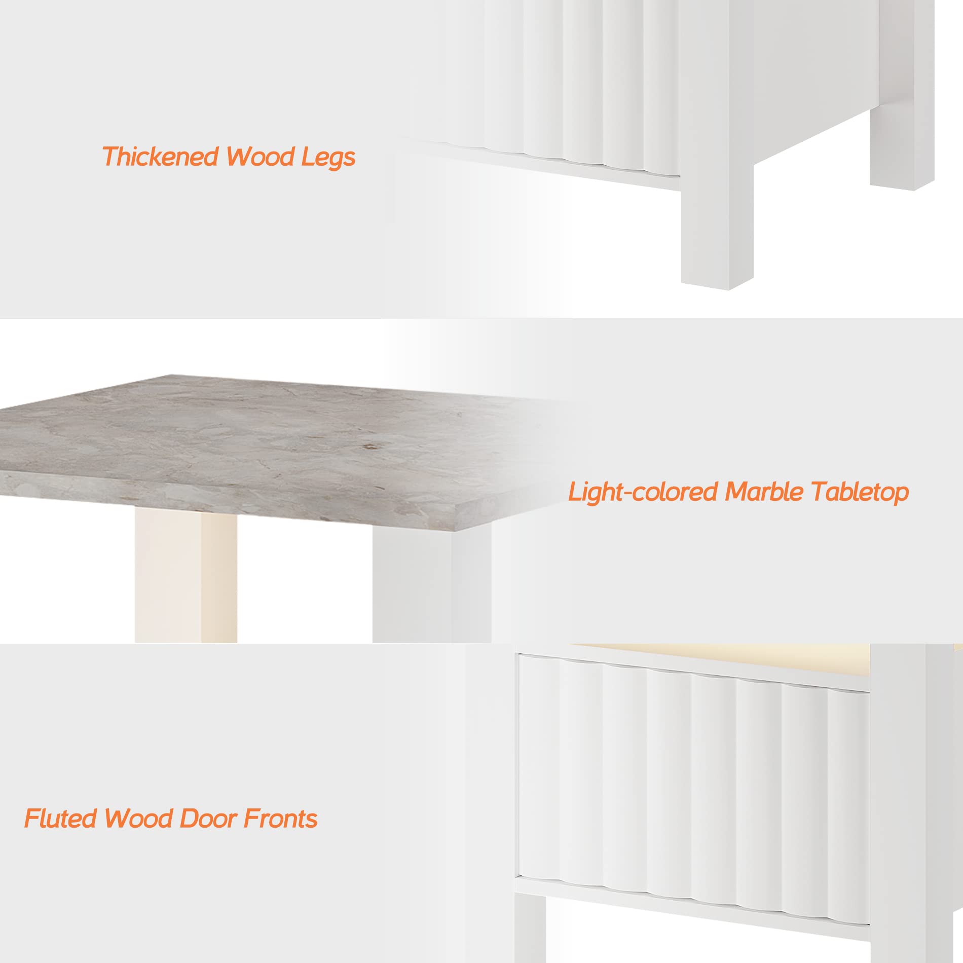 WAMPAT White End Table for Living Room, Nightstand for Bedroom with Storage Cabinet & Open Shelf, Wood Night Stand with Faux Marble Tabletop & LED Light, Side Tables for Small Spaces, White/Grey