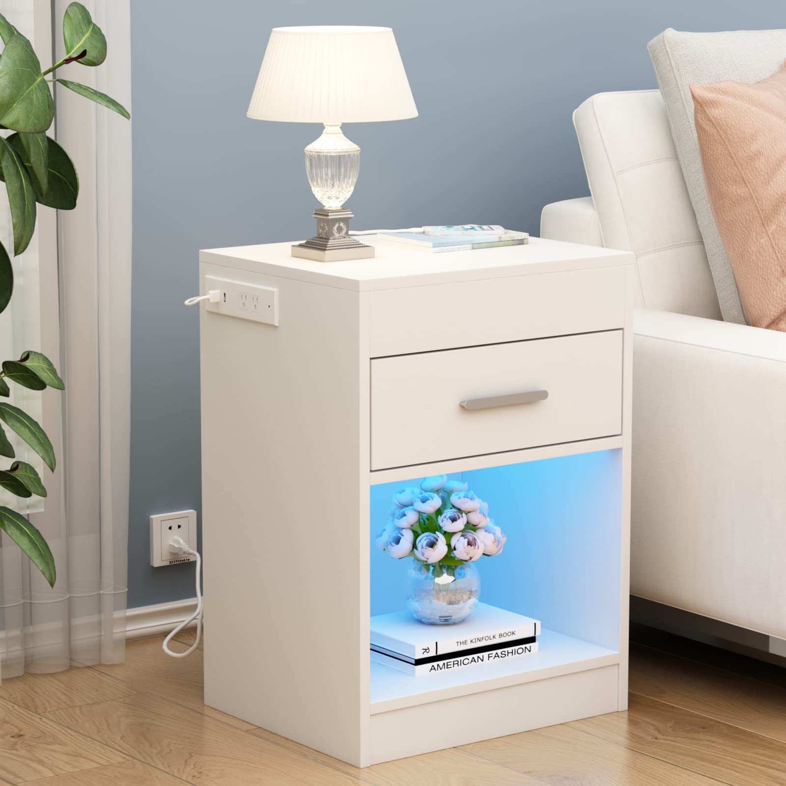 Auromie Nightstand with Charging Station and LED Lights, Concealment Furniture with RFID Lock Cabinet and Power Outlets, Bedside Table with Hidden Compartment for Valuables Storage, White