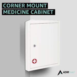 AdirMed Locking Corner Medicine Cabinet, Wall Mounted First Aid Corner Cabinet with Lock, Lockable Corner Wall Medicine Cabinet, 14.96" H x 14.96" W x 7.09" D