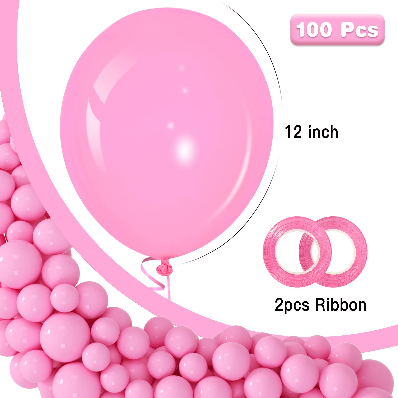 Garma Pink Balloons 12 inch, 100PCS Pink Latex Party Balloons for Balloons Arch as Valentine's Day, Birthday Party, Wedding, Anniversary, Baby Shower, Halloween Party Decorations (with Pink Ribbon)