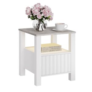 wampat white end table for living room, nightstand for bedroom with storage cabinet & open shelf, wood night stand with faux marble tabletop & led light, side tables for small spaces, white/grey