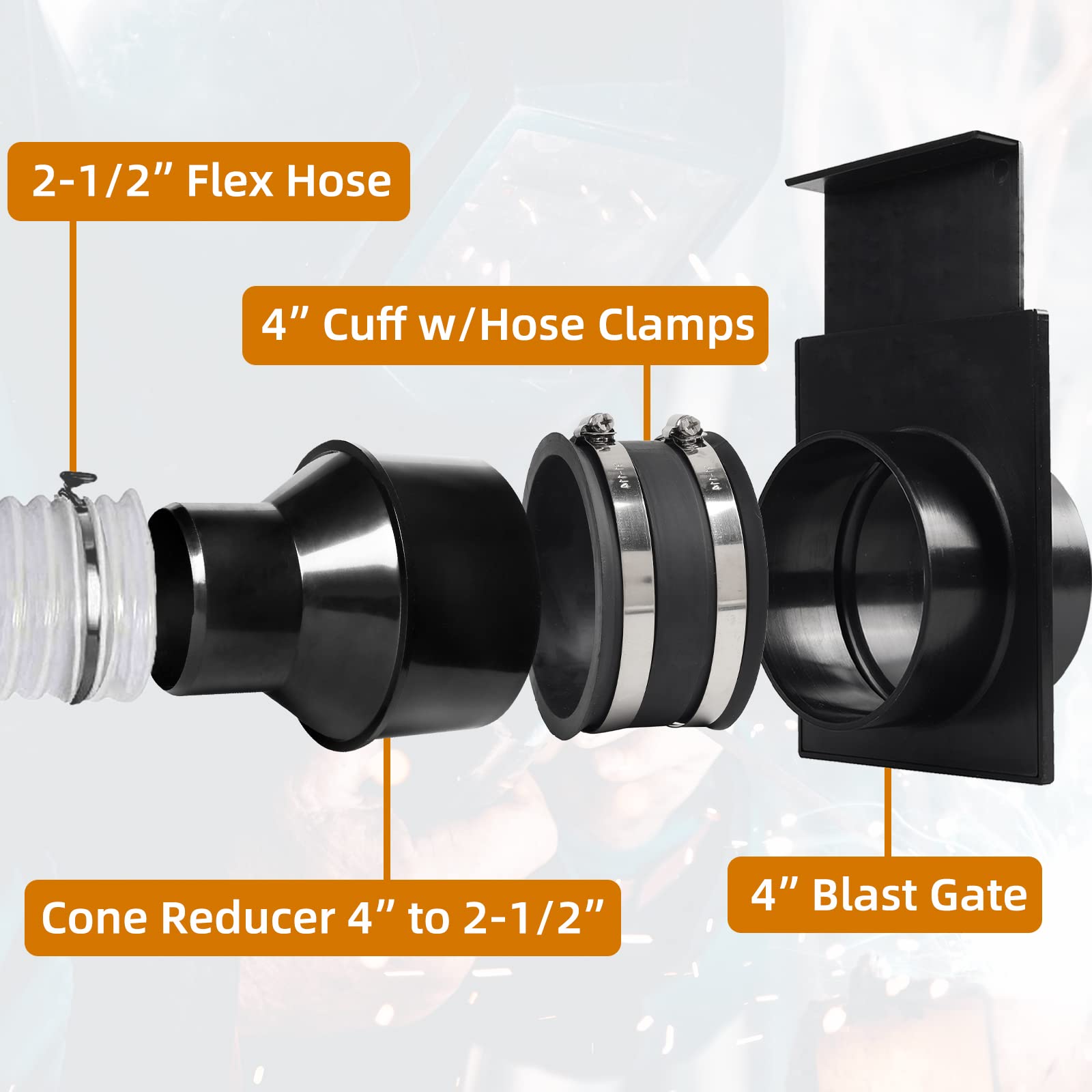 TonGass (2-Pack) 4 Inches Outer Diameter Flexible Hose Cuff Coupler with Integrated 2 Dust Collection Hose Clamps - Rubber Vacuum Hose Connector