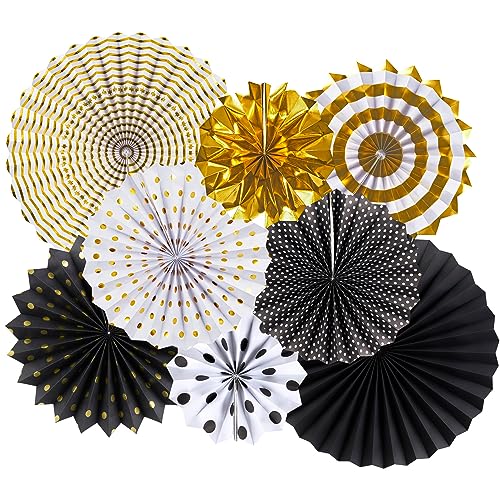 SUNBEAUTY Pack of 8 Gold Black Paper Fans Paper Fans Classroom Decoration Halloween Decoration Hanging Paper Fans Home Party Photo Backdrop Decorations