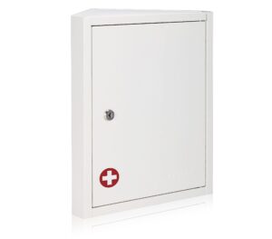 adirmed locking corner medicine cabinet, wall mounted first aid corner cabinet with lock, lockable corner wall medicine cabinet, 14.96" h x 14.96" w x 7.09" d