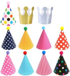 elakiss 11pcs birthday party cone hats - pom poms,lovely cake cone birthday paper hats,lovely crown,for children and adults (9 hats and 2 crowns)