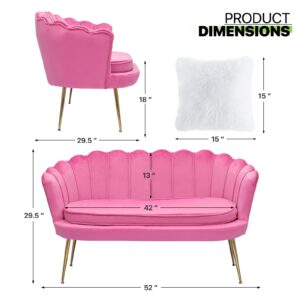 Magshion 52in Tufted Velvet Loveseat with 2 Pillows Living Room Chair Modern Scalloped Back Accent Velvet Upholestered Armchair with Golden Metal Legs, Back Cushion Padded Sofa, Pink