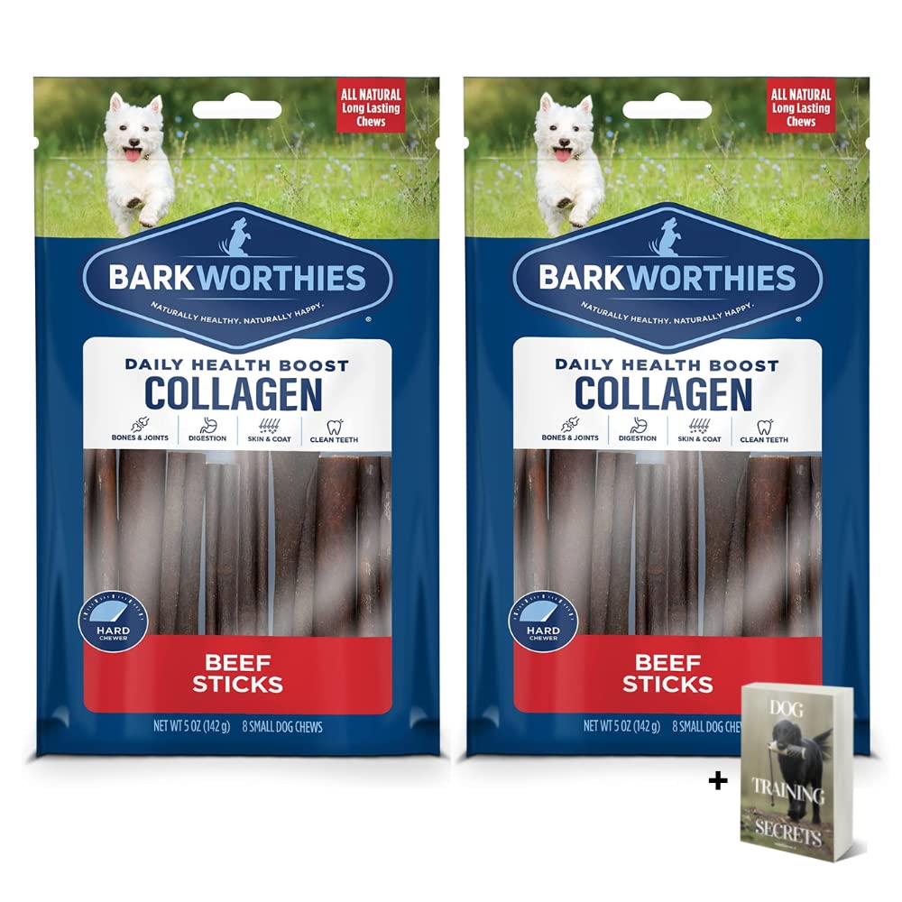 Barkworthies Premium Collagen Beef Sticks for Dogs - 2 Pack 6 inch Daily Health Collagen Chews- 8 Count Grain Free, Rawhide Free, Natural Dog Treats for Aggressive Chewers Dog Pack with E-Book