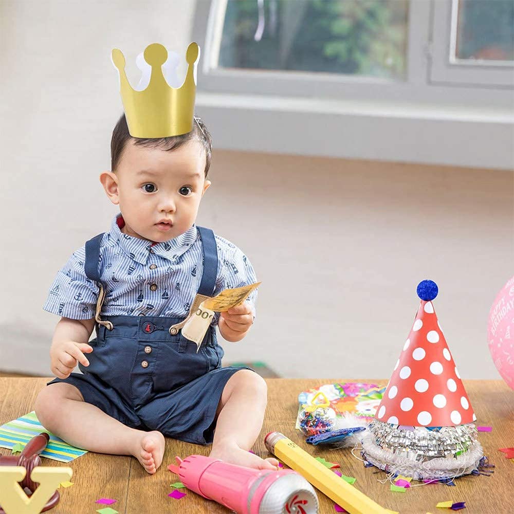 ELakiss 11PCS Birthday Party Cone Hats - Pom Poms,Lovely Cake Cone Birthday Paper Hats,Lovely Crown,For Children and Adults (9 hats and 2 crowns)