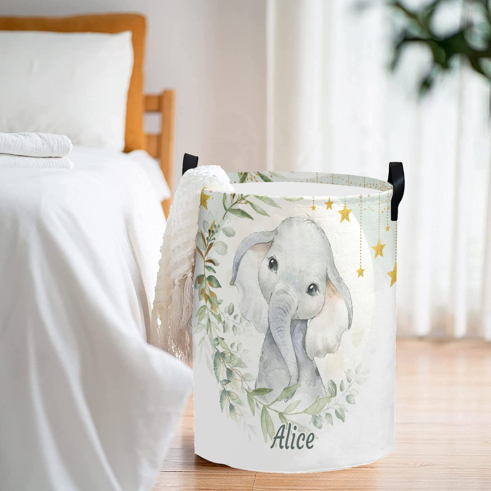 zaaprintblanket Laundry Basket Personalized Name Waterproof Foldable Laundry Hamper with Handle for Bathroom Bedroom Decor(Gold Stars Flower Elephant)