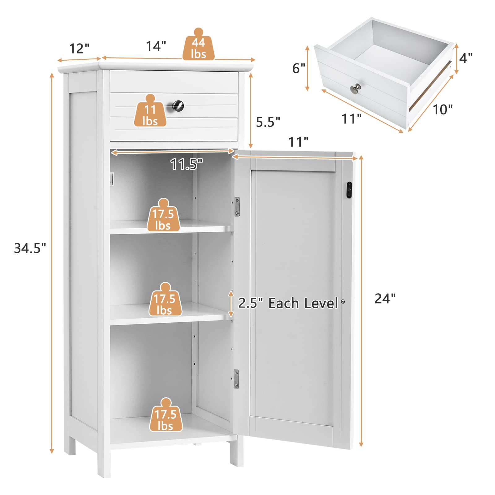 COSTWAY Bathroom Storage Cabinet, Single Door Floor Cabinet with Drawer and 3-Level Adjustable Shelves, Modern Side Storage Organizer with Anti-Tipping Device for Living Room, Bedroom (White)