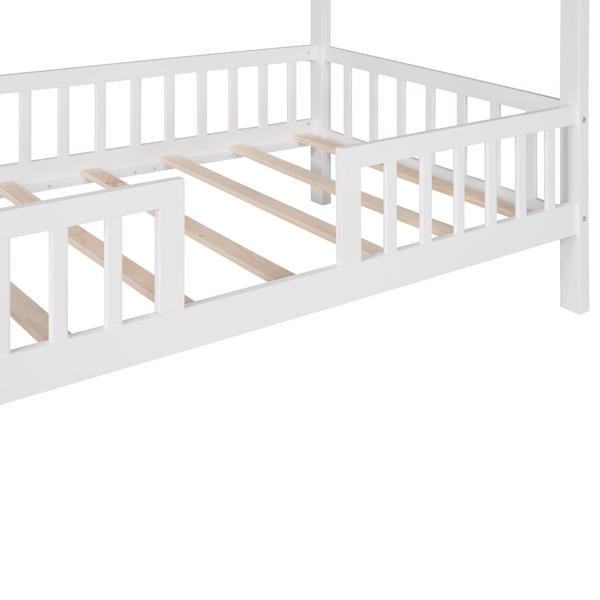 Merax Cute Wood House Bed Frame with Full-Gardrail Low Platform Bed for Kids Boys Girls No Box Spring Needed Twin White