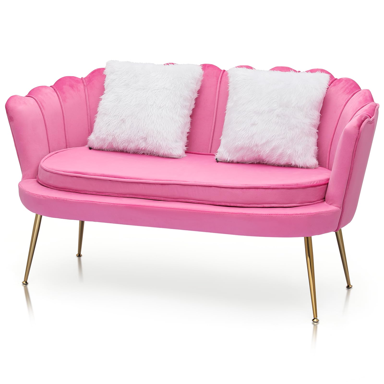 Magshion 52in Tufted Velvet Loveseat with 2 Pillows Living Room Chair Modern Scalloped Back Accent Velvet Upholestered Armchair with Golden Metal Legs, Back Cushion Padded Sofa, Pink