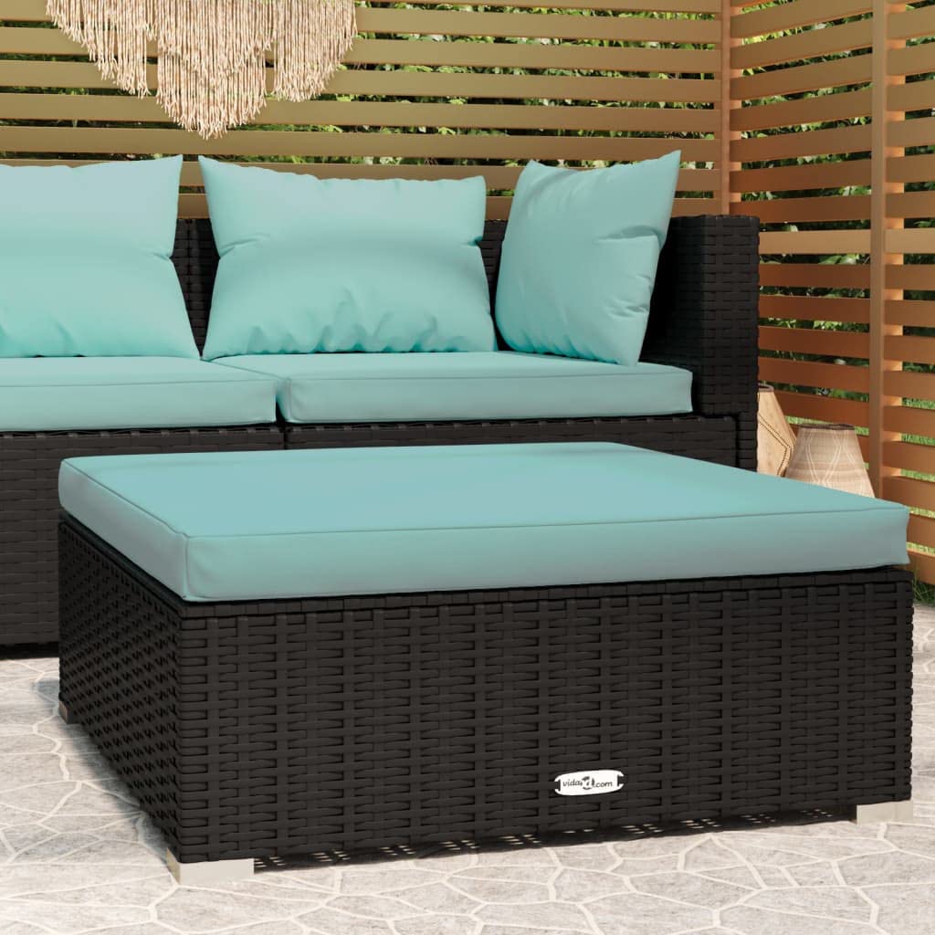 vidaXL Poly Rattan Patio Footrest with Cushion - Weatherproof Outdoor Ottoman with Durable Steel Frame and Plastic Feet, Lightweight, Includes Removable Aqua Fabric Cushion.