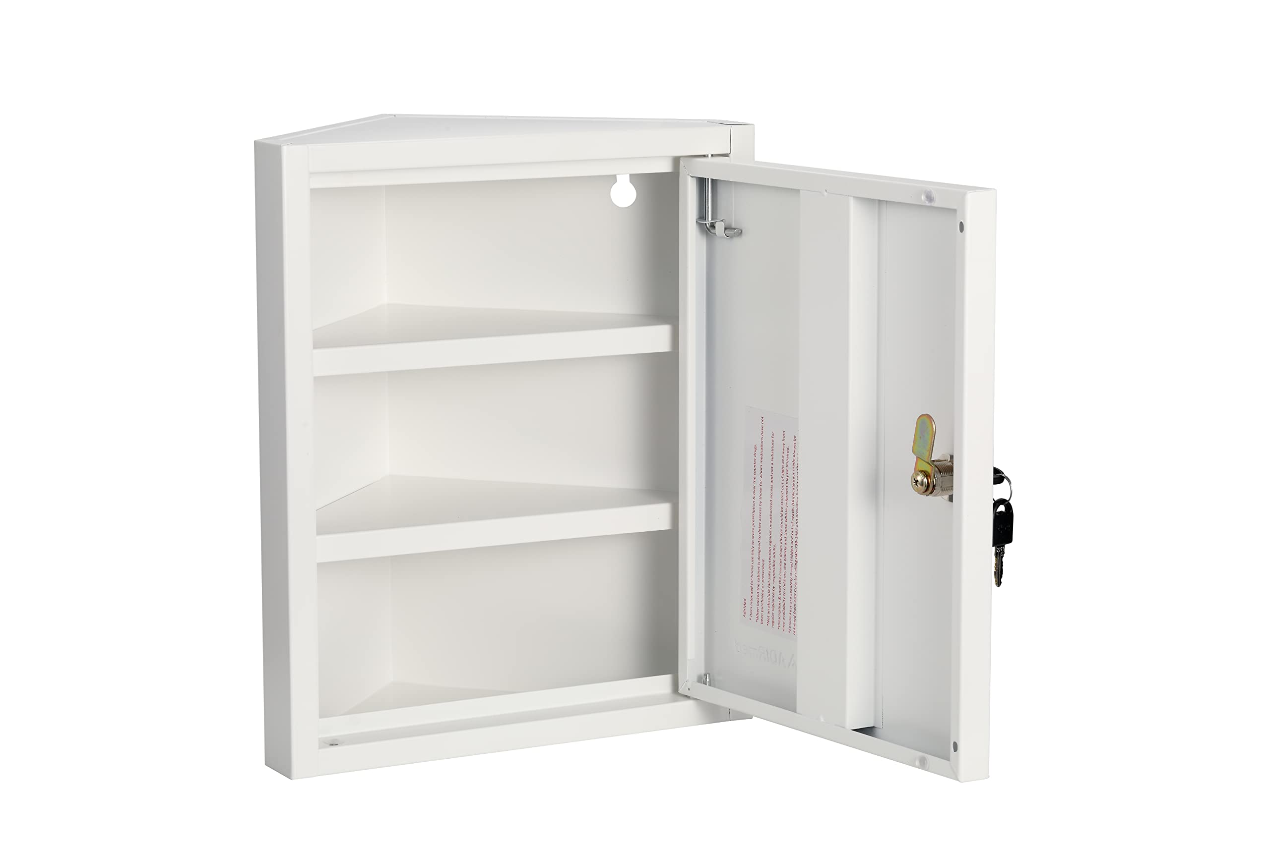 AdirMed Locking Corner Medicine Cabinet, Wall Mounted First Aid Corner Cabinet with Lock, Lockable Corner Wall Medicine Cabinet, 14.96" H x 14.96" W x 7.09" D