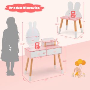 KOTEK Kids Vanity Set with Mirror, Wooden Princess Makeup Dressing Table with Stool, 2 Storage Drawers & Display Shelf, Girls Pretend Play Vanity for Toddler (White)