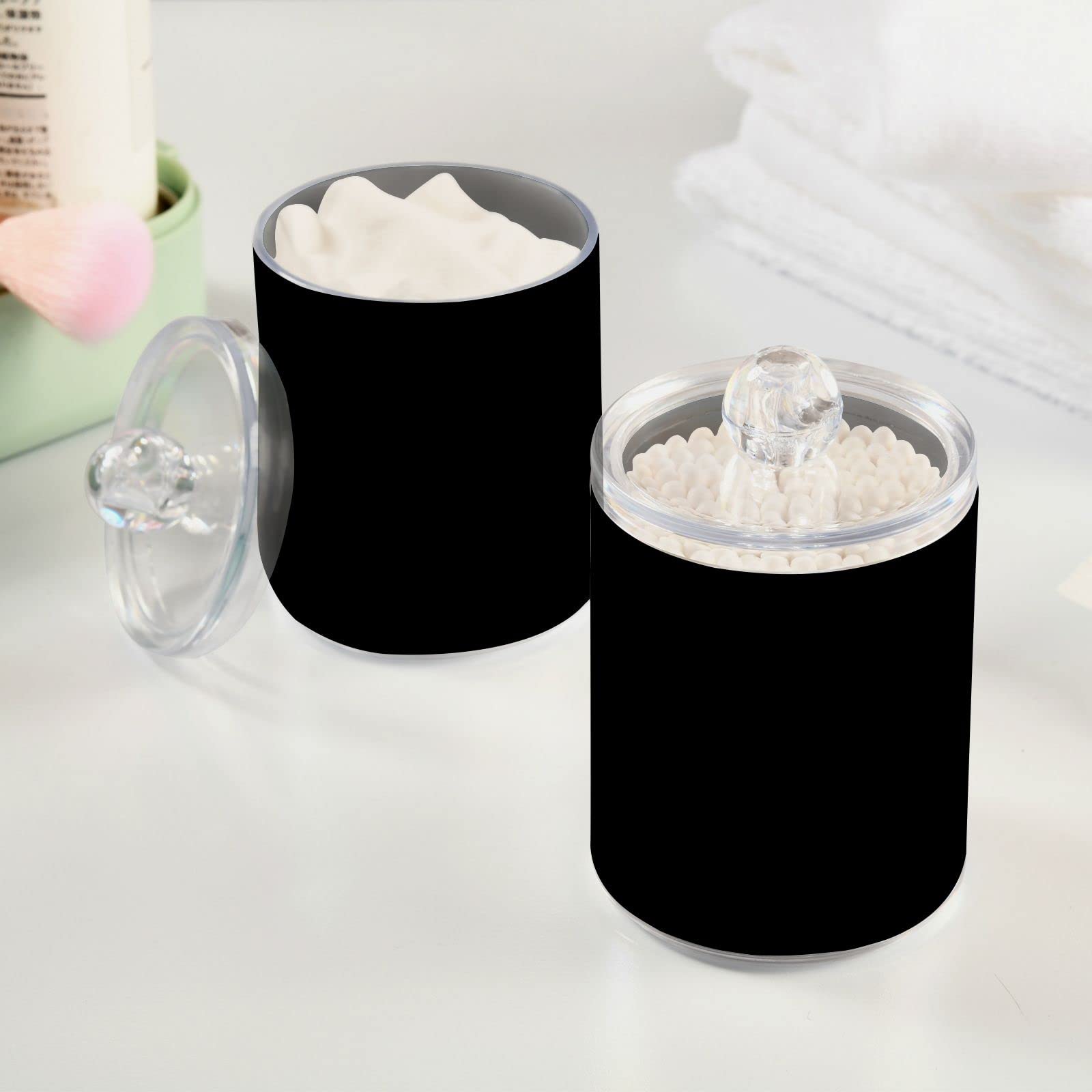 2 Pack Qtip Holder Dispenser Apothecary Jars with Lids Plastic Acrylic Bathroom Vanity Countertop Canister Storage Organizer for Cotton Ball,Swabs,Pads,Floss, Black