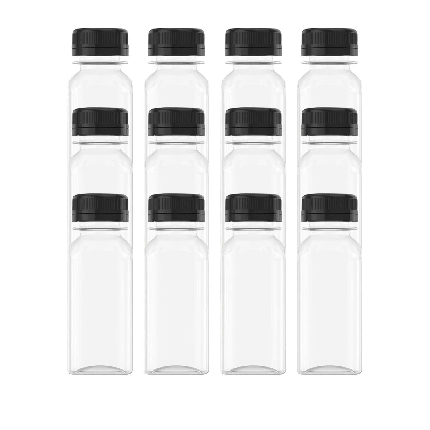 AQSXO 12 Pcs 2 OZ Mini Plastic Juice Bottles, Reusable Bulk Beverage Containers, Comes Black lid, for Juice, Milk and Other Beverages.