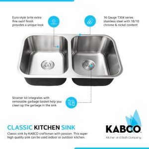 KABCO 32 Inch Big Double Equal Bowl Stainless Steel Classic Kitchen Sink, Rust Sound and Heatproof Undermount Sink with Sink Strainers, Removable Baskets, Sink Grids, and a Rolling Up Grid