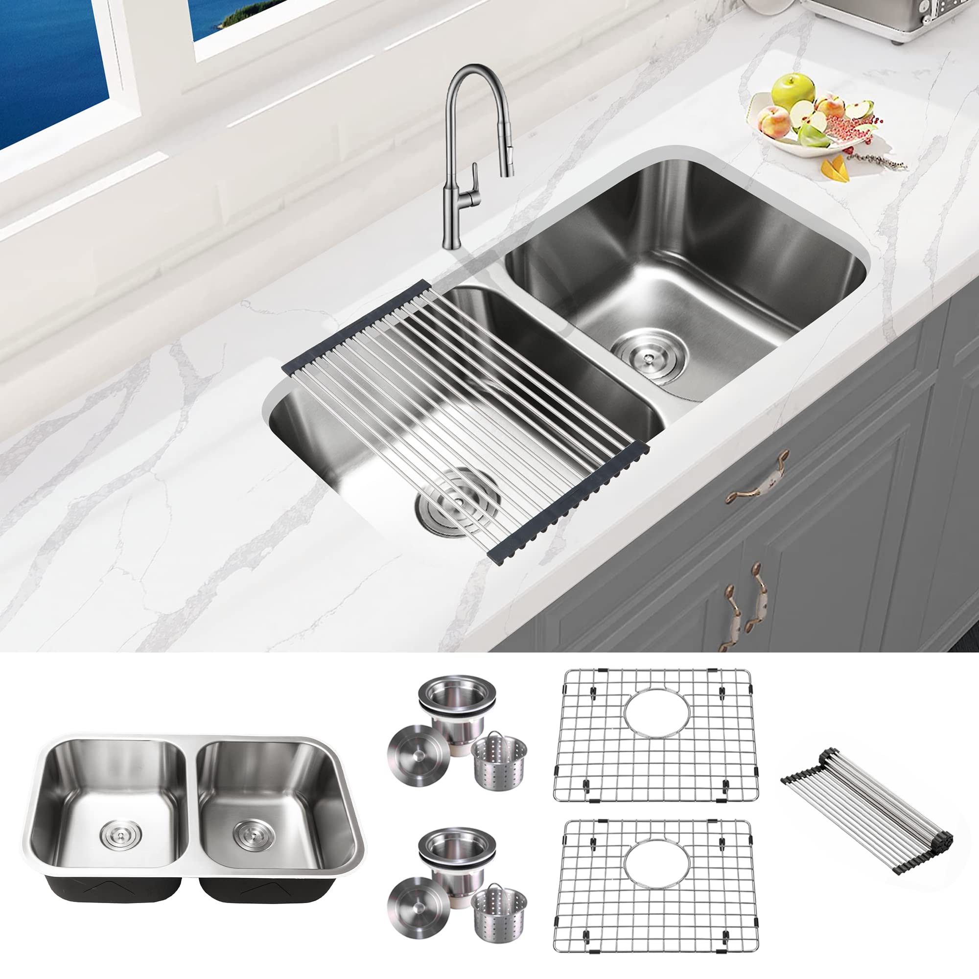 KABCO 32 Inch Big Double Equal Bowl Stainless Steel Classic Kitchen Sink, Rust Sound and Heatproof Undermount Sink with Sink Strainers, Removable Baskets, Sink Grids, and a Rolling Up Grid