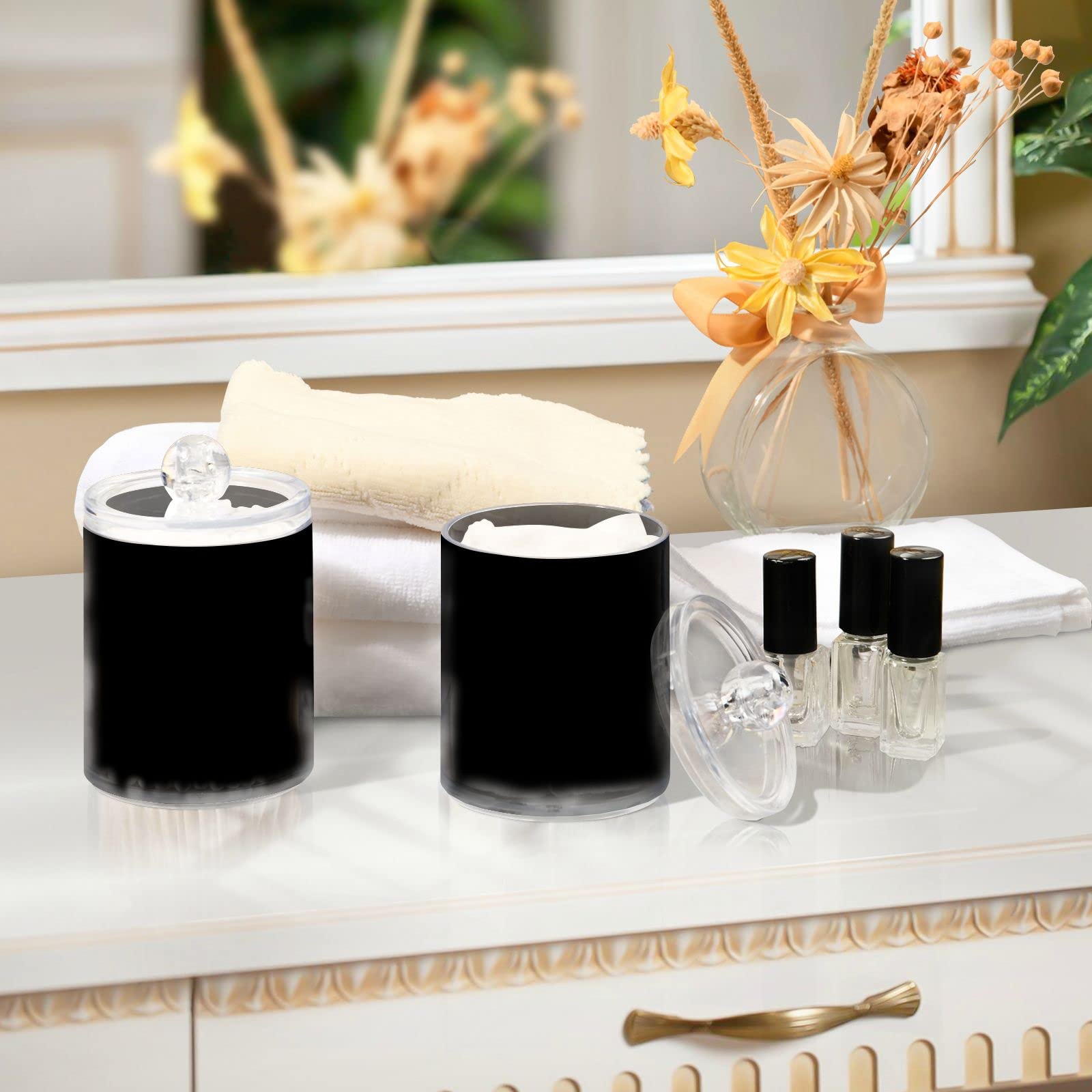 2 Pack Qtip Holder Dispenser Apothecary Jars with Lids Plastic Acrylic Bathroom Vanity Countertop Canister Storage Organizer for Cotton Ball,Swabs,Pads,Floss, Black