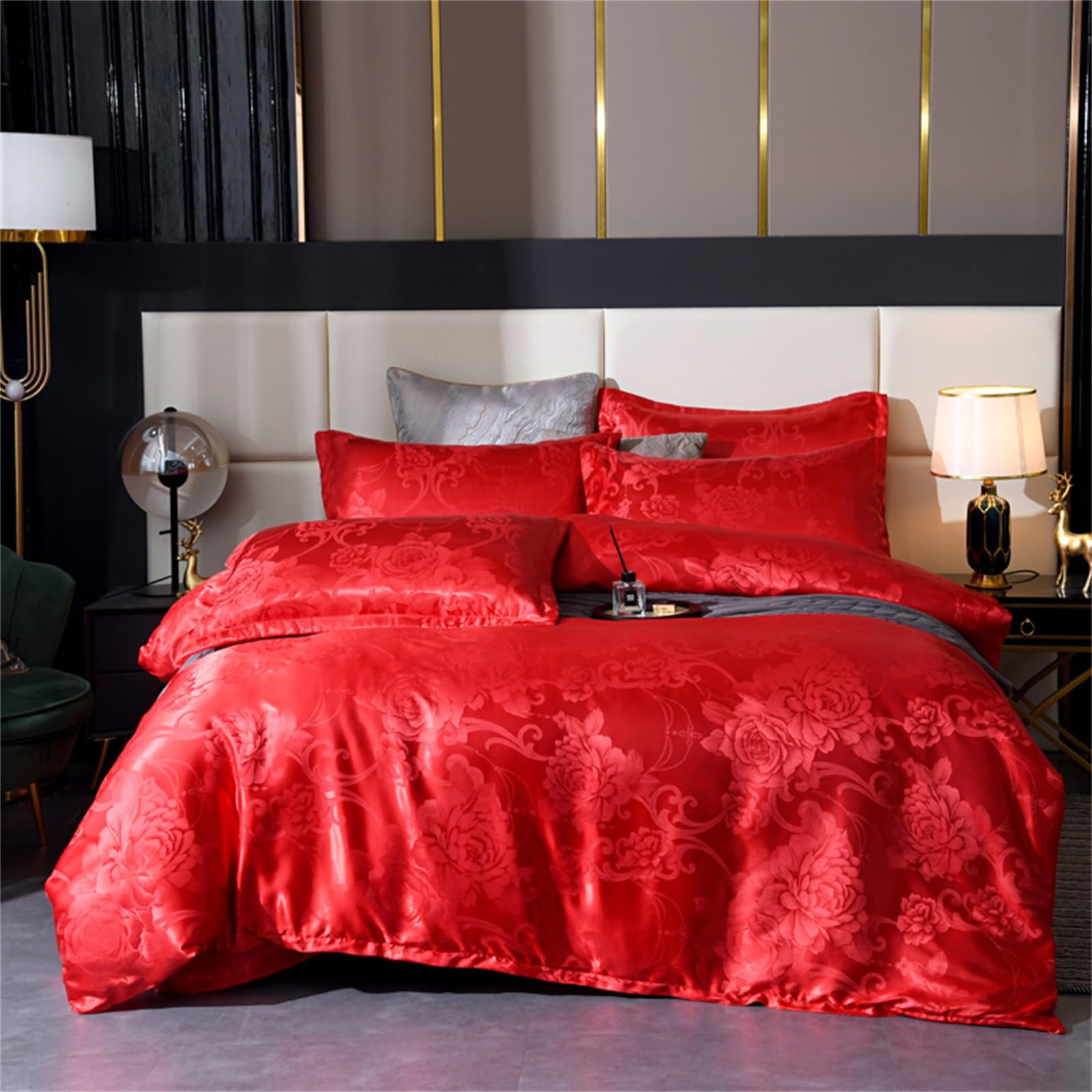 TUMAN Pro European-Style Satin Jacquard Duvet Cover Set, Red Luxury Comforter Set for All-Season, Ultra Soft Breathable Bedding Set with 1 Duvet Cover & 2 Pillowcases,No Comforter (Red, Queen)