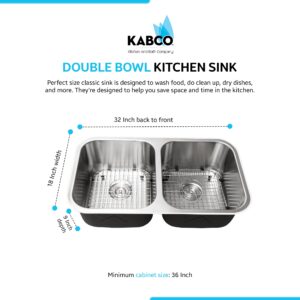 KABCO 32 Inch Big Double Equal Bowl Stainless Steel Classic Kitchen Sink, Rust Sound and Heatproof Undermount Sink with Sink Strainers, Removable Baskets, Sink Grids, and a Rolling Up Grid