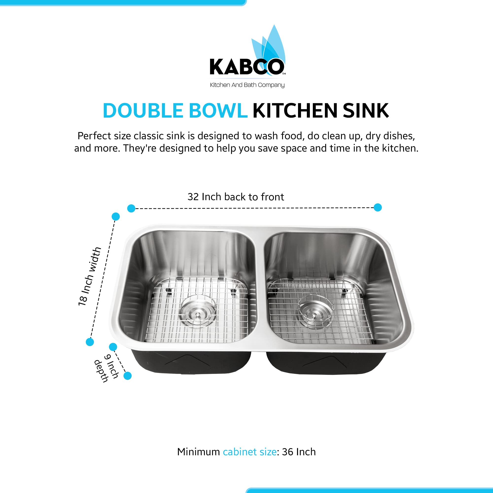 KABCO 32 Inch Big Double Equal Bowl Stainless Steel Classic Kitchen Sink, Rust Sound and Heatproof Undermount Sink with Sink Strainers, Removable Baskets, Sink Grids, and a Rolling Up Grid