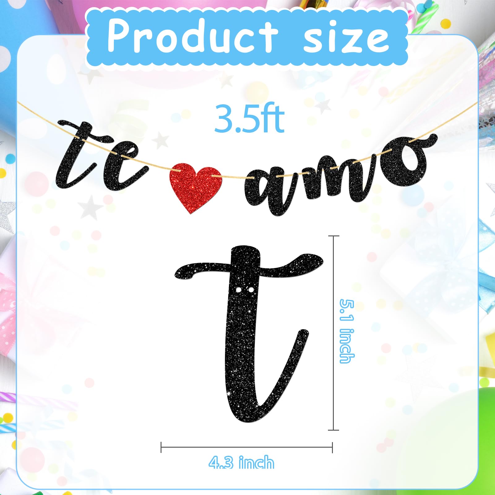 Halodete Te Amo Banner, Spanish Theme I Love You Banner, Bridal Shower, Wedding Party Garland Bunting Decorations - Black Glitter