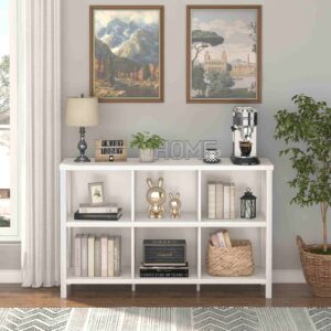 FATORRI 6 Cube Storage Organizer with Shelf, Long Wood and Metal Cubby Bookcase, Industrial Horizontal Bookshelf (White Oak, 47 Inch)