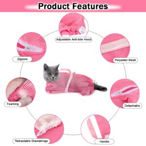 JULMELON Cat Washing Bag 10 PCS Set, Adjustable Cat Shower Net Bag and Pet Grooming Brush with Nail Clipper Nail File Hair Combs Tick Tool Nail Caps for Bathing Nail Trimming Examination(Pink+Grey)