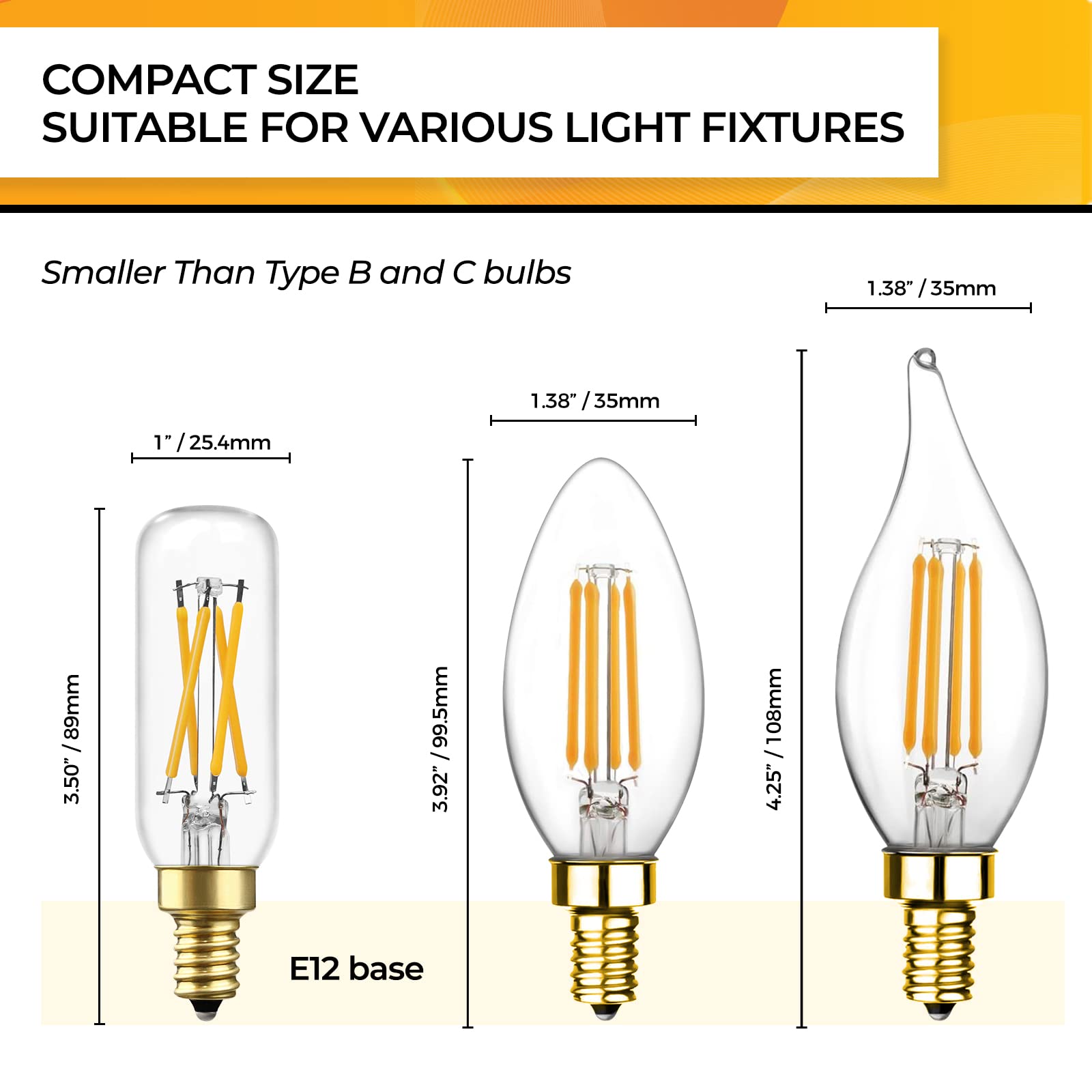 Hizashi Chandelier Light Bulbs 60 Watt, E12 LED Bulbs Dimmable Warm White 2700K, T6/T25 Candelabra LED Light Bulbs, 90+ CRI 6W 650LM, UL Listed 110V-130V AC, 6 Pack