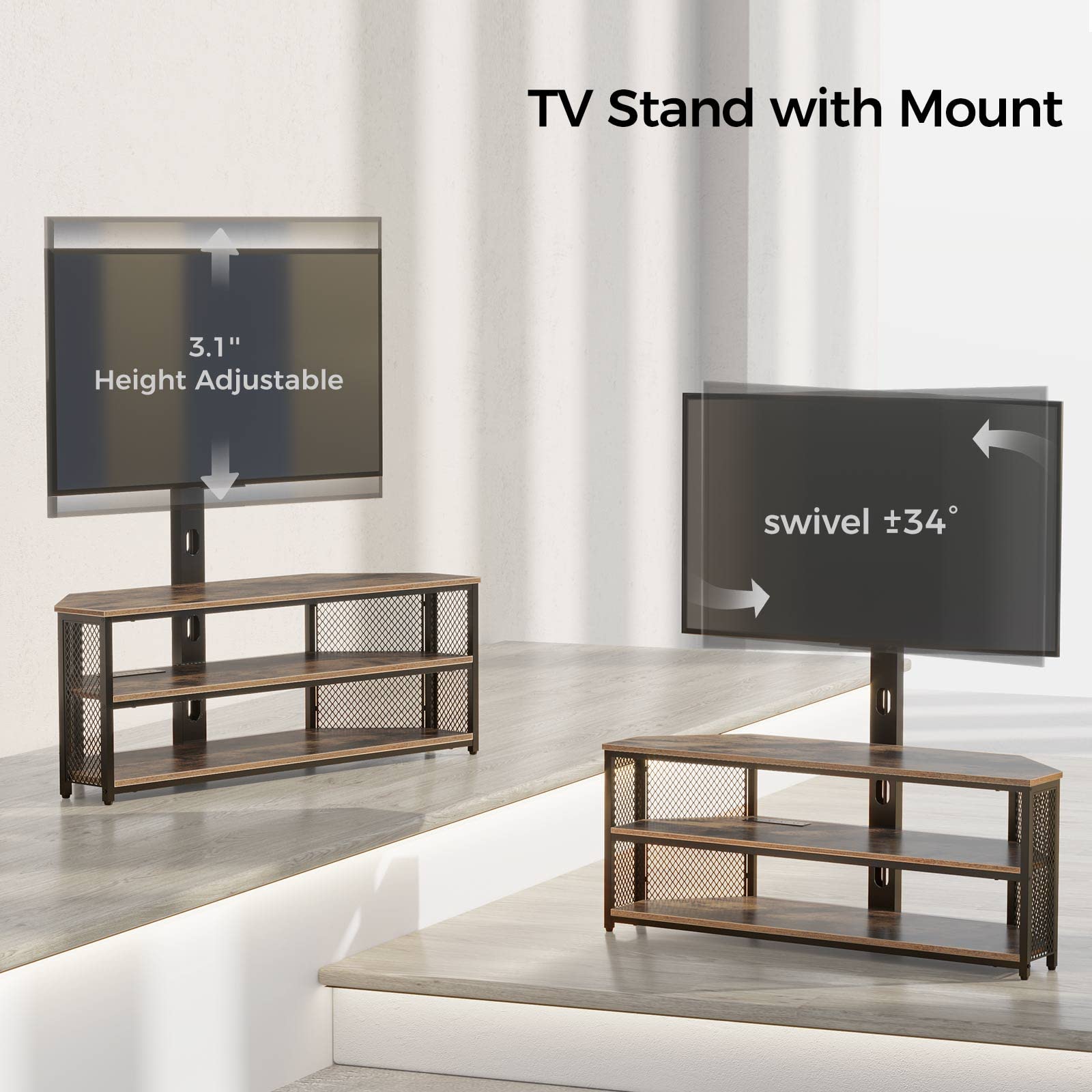 Rolanstar TV Stand with Mount and Power Outlet, Swivel TV Stand Mount with LED Lights for 32/45/55/60/65/70 inch TVs, Rustic Brown Entertainment Center Media Console with Height Adjustable Mount