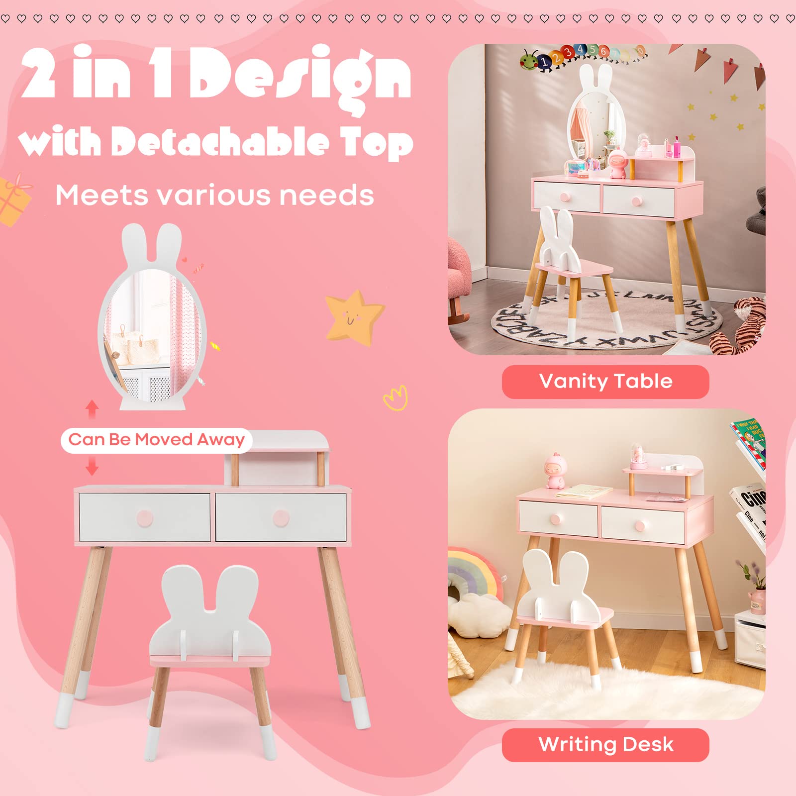 KOTEK Kids Vanity Set with Mirror, Wooden Princess Makeup Dressing Table with Stool, 2 Storage Drawers & Display Shelf, Girls Pretend Play Vanity for Toddler (White)