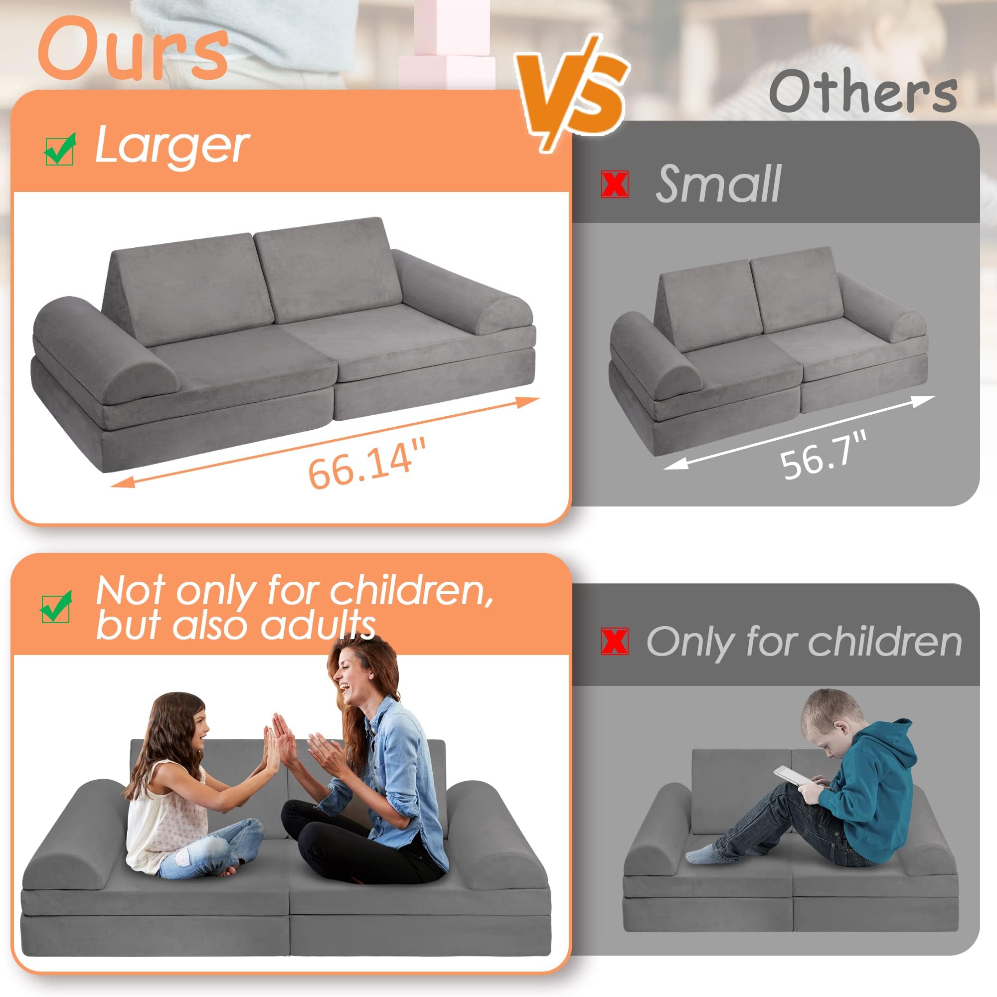 Betterhood Play Couch Sofa for Kids Large Size, Modular Kids Play Couch, Kids Couch Building Fort for Playroom Bedroom, Children Convertible Foam Cushion Couch for Boys and Girls, Grey