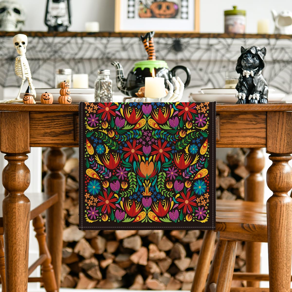 Artoid Mode Dia De Los Muertos Floral Fiesta Mexican Table Runner, Mexico Day of The Dead Kitchen Dining Table Decoration for Home Party Decor 13x72 Inch