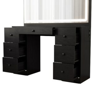 IRONCK Vanity Desk with LED Lighted Mirror & Power Outlet, 7 Drawers Makeup Vanities Table with Stool, for Bedroom, White