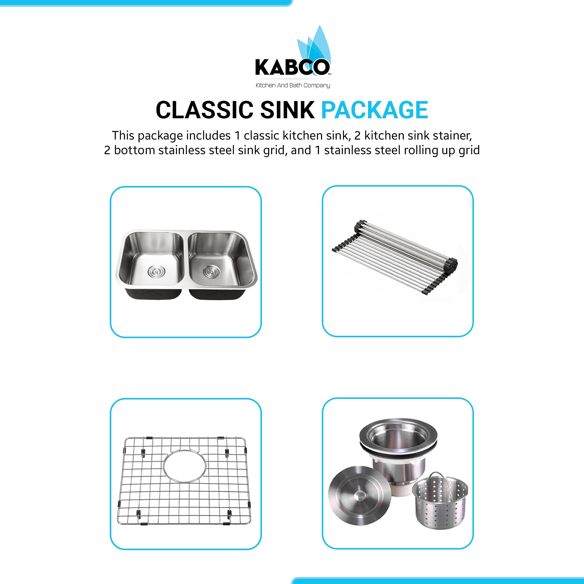 KABCO 32 Inch Big Double Equal Bowl Stainless Steel Classic Kitchen Sink, Rust Sound and Heatproof Undermount Sink with Sink Strainers, Removable Baskets, Sink Grids, and a Rolling Up Grid