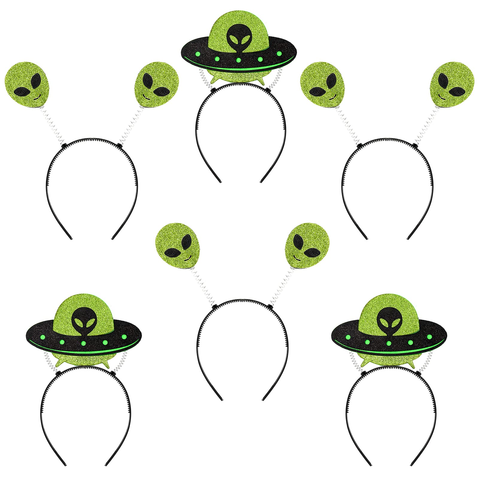 Whaline 6Pcs Alien Head Boppers - Set of 6 Glitter Green Black Martians Space UFO Alien Headband Decorations for Boys Girls Halloween Alien Theme Party Costume Accessories