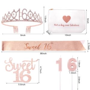 16th Birthday Decorations for Girls, Sweet 16 Birthday Sash, Tiara Crown, Canvas Makeup Bag, Cake Topper & Candles, 16th Birthday Gifts for Her Birthday Party