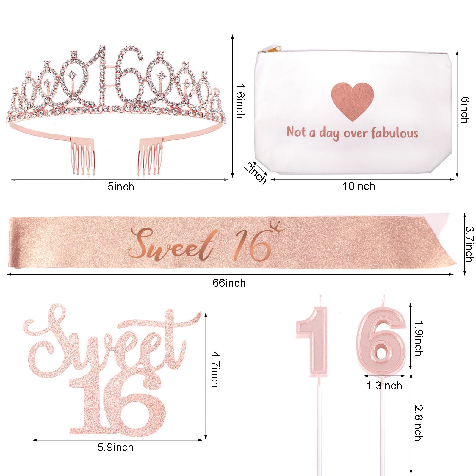 16th Birthday Decorations for Girls, Sweet 16 Birthday Sash, Tiara Crown, Canvas Makeup Bag, Cake Topper & Candles, 16th Birthday Gifts for Her Birthday Party