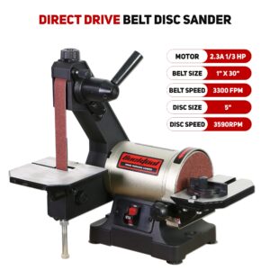 Bucktool 1x30 Inch Bench Belt Sander with 5 Inch Disc with Wrench Storage and Easy Belt Cover Off, 1/3HP Direct Drive Benchtop Belt Disc Sander