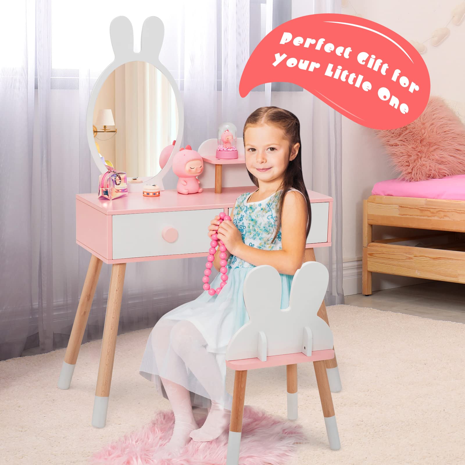 KOTEK Kids Vanity Set with Mirror, Wooden Princess Makeup Dressing Table with Stool, 2 Storage Drawers & Display Shelf, Girls Pretend Play Vanity for Toddler (White)