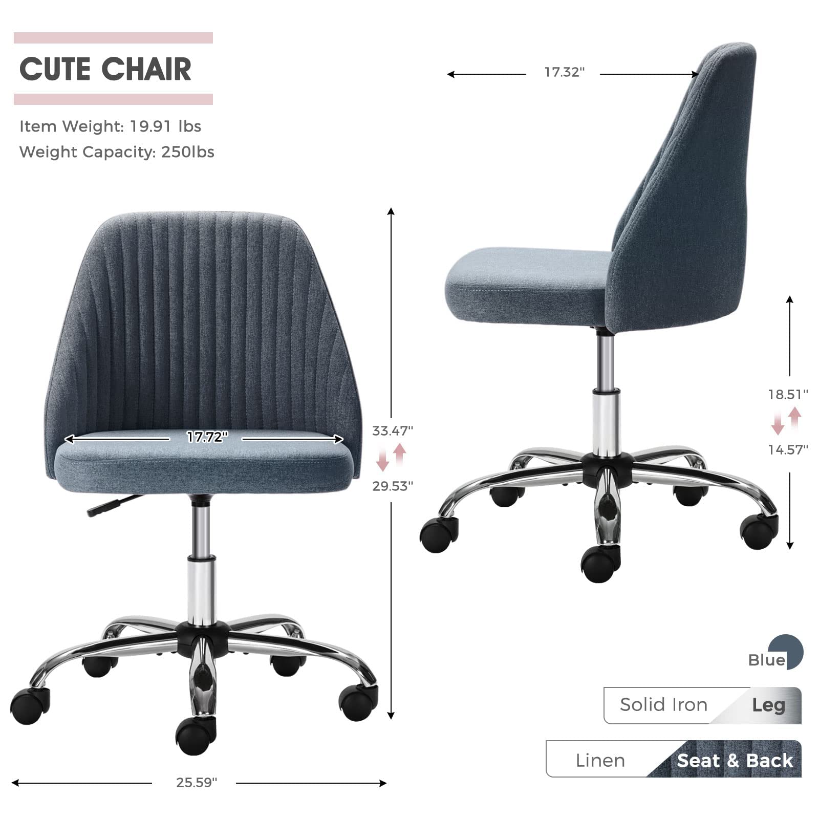 Home Office Desk Chair - Adjustable Rolling Chair, Armless Cute Modern Task Chair for Office, Home, Make Up,Small Space, Bed Room