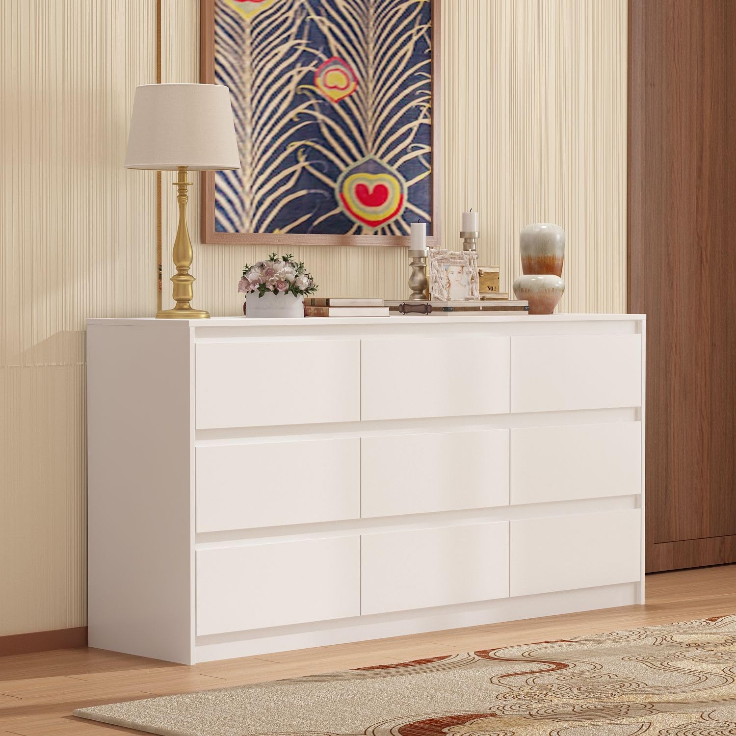 FAMAPY Chest of Drawers White Dresser No Handle, Modern 9 Drawer Dresser, Contemporary Style, 9-Drawer Cabinet Dresser for Bedroom (63" W x 15.7" D x 31.5" H)